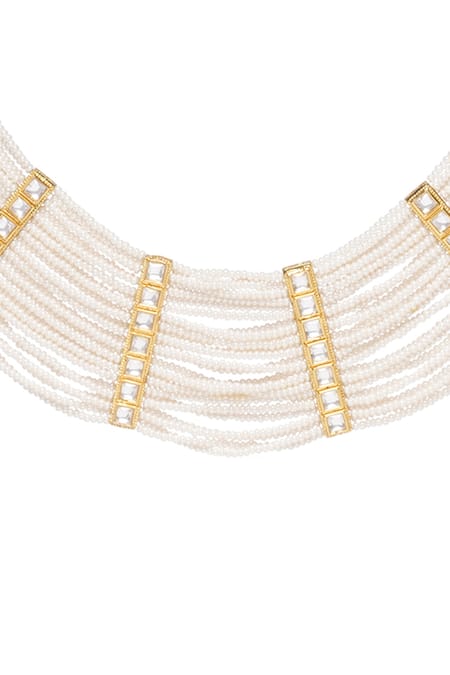 Buy_Preeti Mohan_White Pearls, Gota Patti Chitrali Layered Necklace Set 