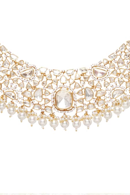 Shop_Preeti Mohan_Gold Plated Pearls Yadavi Moissanite Necklace Set _Online_at_Aza_Fashions
