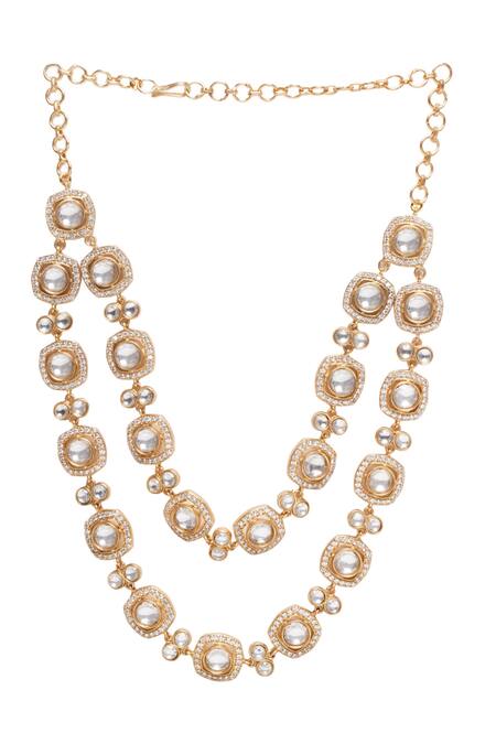 Shop_Preeti Mohan_Gold Plated Diamonds, Stones Kaushiki Two Line Polki Necklace Set _Online_at_Aza_Fashions