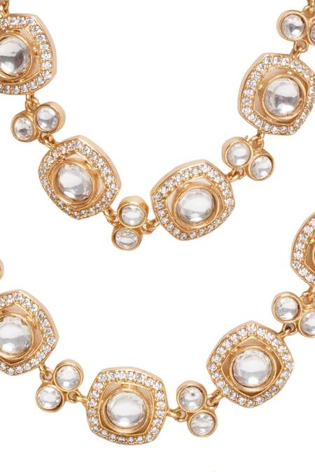 Preeti Mohan_Gold Plated Diamonds, Stones Kaushiki Two Line Polki Necklace Set _at_Aza_Fashions