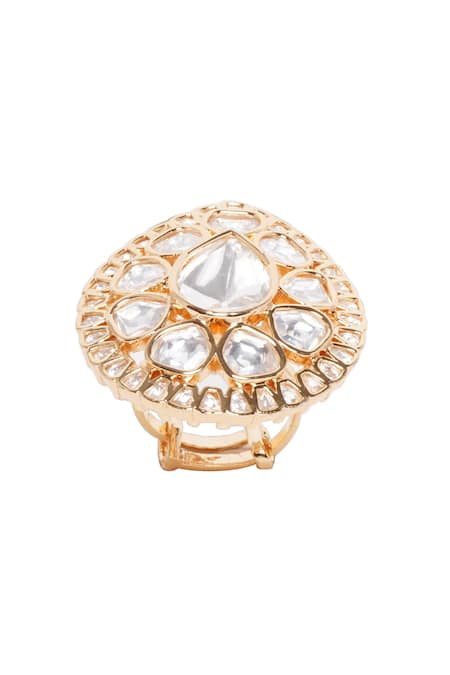 Preeti Mohan_Gold Plated Imitation Diamonds Sinhayana Kundan Ring _Online_at_Aza_Fashions