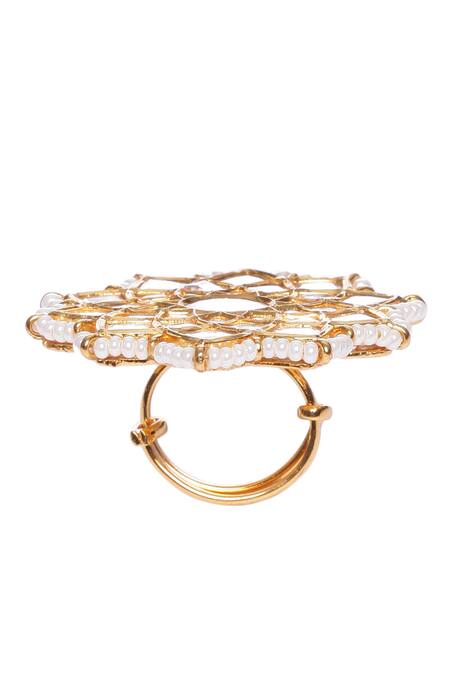 Preeti Mohan_Gold Plated Pearls, Gota Patti Kaushiki Floral Embellished Ring _Online_at_Aza_Fashions