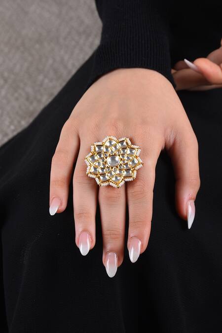 Shop_Preeti Mohan_Gold Plated Pearls, Gota Patti Kaushiki Floral Embellished Ring _Online_at_Aza_Fashions
