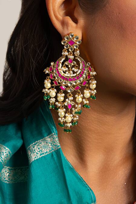 Preeti Mohan_Pink Pearls, Gota Patti, Stones Nishi Embellished Chandbali Earrings _Online_at_Aza_Fashions