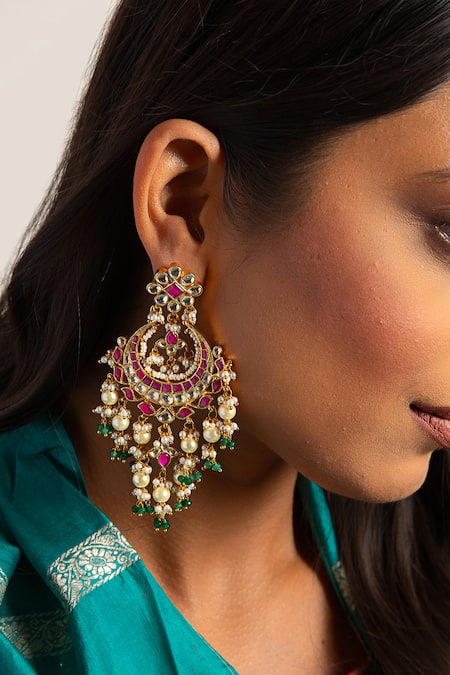 Buy_Preeti Mohan_Pink Pearls, Gota Patti, Stones Nishi Embellished Chandbali Earrings _Online_at_Aza_Fashions