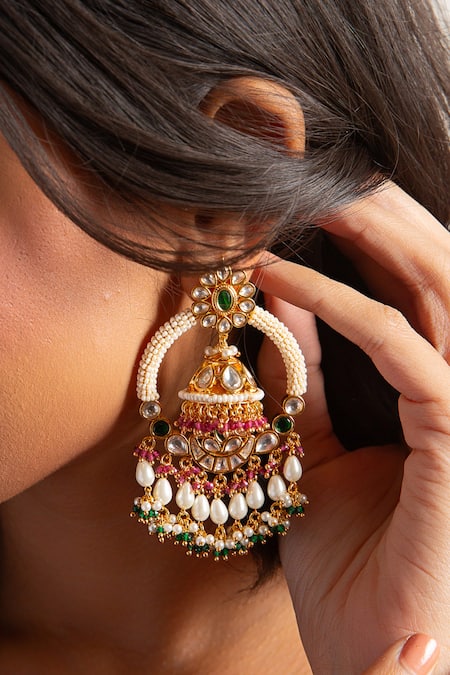 PREETI MOHAN Red Onyx Svara Embellished Chandbali Earrings 