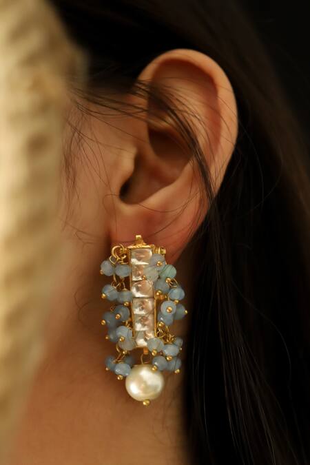 Do Taara_Blue Pearls, Diamonds, Stones Geometric Shaped Earrings _Online_at_Aza_Fashions
