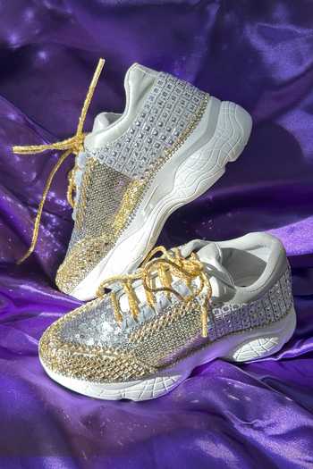 Chal Jooti Gold Crystals, Sequins, Gota Marvellous Maze Kundan Stone Embellished Shoes Online at Aza Fashions Chal Jooti_Gold Crystals, Sequins, Gota Marvellous Maze Kundan Stone Embellished Shoes_Online_at_Aza_Fashions