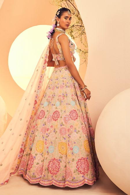 Shop Aneesh Agarwaal Peach Organza Sequins, Beads, Gullista And Cutdana Embroidered Bridal Lehenga Set at Aza Fashions Shop_Aneesh Agarwaal_Peach Organza Sequins, Beads, Gullista And Cutdana Embroidered Bridal Lehenga Set _at_Aza_Fashions
