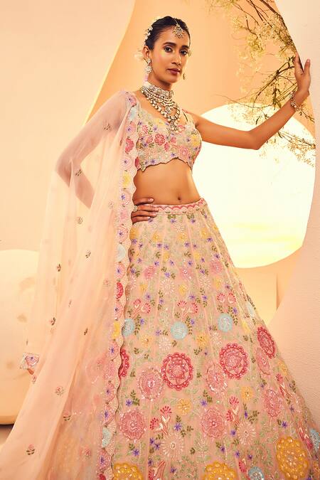Aneesh Agarwaal Peach Organza Sequins, Beads, Gullista And Cutdana Embroidered Bridal Lehenga Set Online at Aza Fashions Aneesh Agarwaal_Peach Organza Sequins, Beads, Gullista And Cutdana Embroidered Bridal Lehenga Set _Online_at_Aza_Fashions
