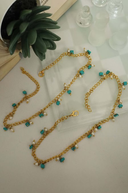 Shop_Do Taara_Blue Pearls Embellished Anklets _at_Aza_Fashions