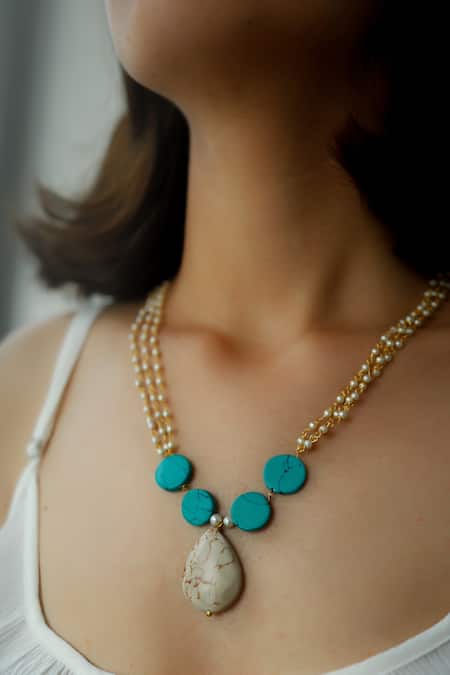 Do Taara Stella Marble Stone & Pearl Embellished Necklace 