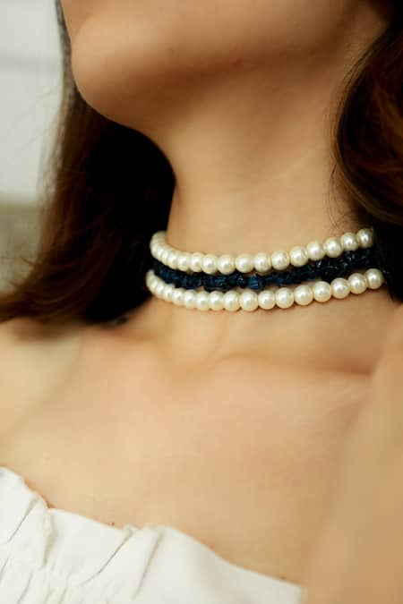 Do Taara_Blue Azure Twirl Natural Stone And Pearl Embellished Choker _Online_at_Aza_Fashions