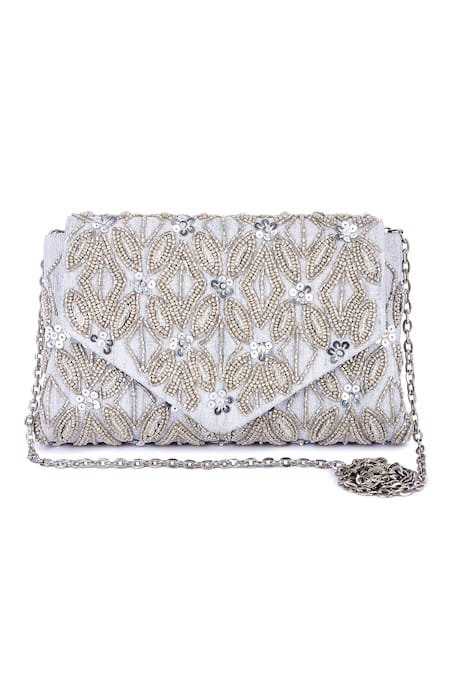 The Purple Sack_Grey Cut Work, Sequins Cutdana Embroidered Clutch _Online_at_Aza_Fashions