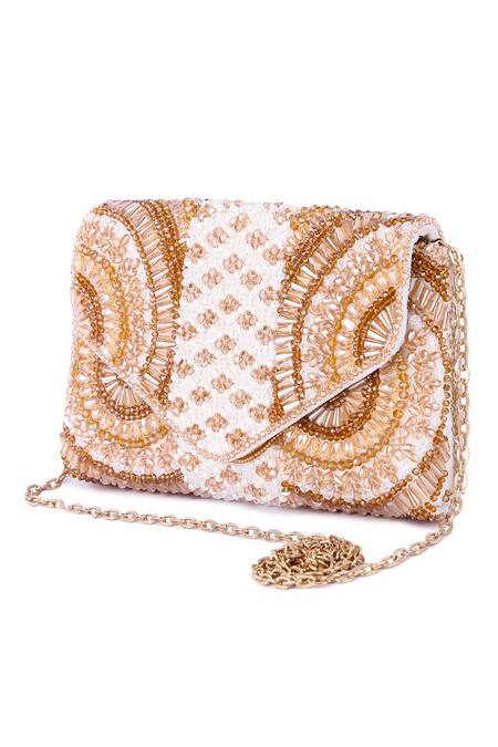 The Purple Sack_Peach Crystals, Beads Embroidered Clutch _Online_at_Aza_Fashions