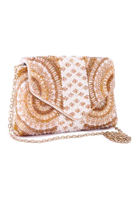 Buy_The Purple Sack_Peach Crystals, Beads Embroidered Clutch _Online_at_Aza_Fashions