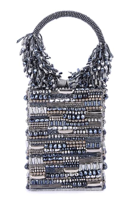 The Purple Sack Grey Crystals, Beads Embroidered Clutch Online at Aza Fashions The Purple Sack_Grey Crystals, Beads Embroidered Clutch _Online_at_Aza_Fashions