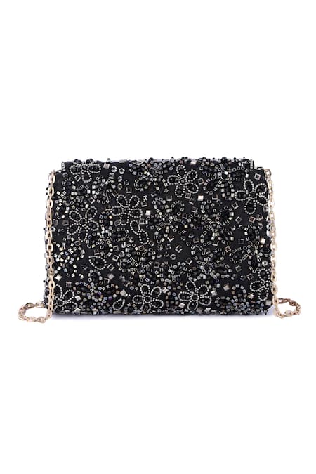 Shop The Purple Sack Black Cut Work, Mirrors, Beads Cutdana Hand Embroidered Clutch at Aza Fashions Shop_The Purple Sack_Black Cut Work, Mirrors, Beads Cutdana Hand Embroidered Clutch _at_Aza_Fashions