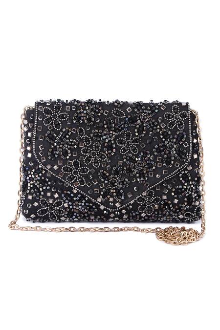 Shop The Purple Sack Black Cut Work, Mirrors, Beads Cutdana Hand Embroidered Clutch Online at Aza Fashions Shop_The Purple Sack_Black Cut Work, Mirrors, Beads Cutdana Hand Embroidered Clutch _Online_at_Aza_Fashions