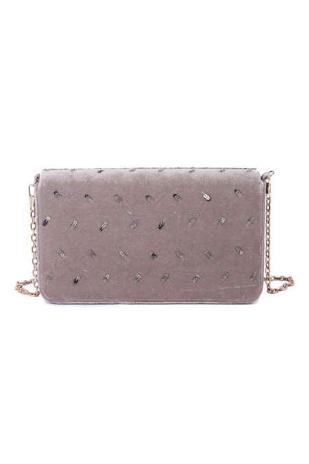 Shop_The Purple Sack_Grey Bead Floral Embroidered Clutch _at_Aza_Fashions