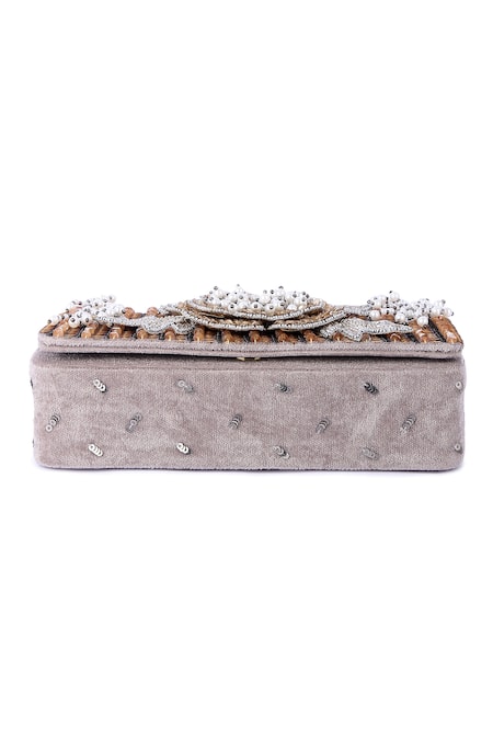 The Purple Sack_Grey Bead Floral Embroidered Clutch _Online_at_Aza_Fashions