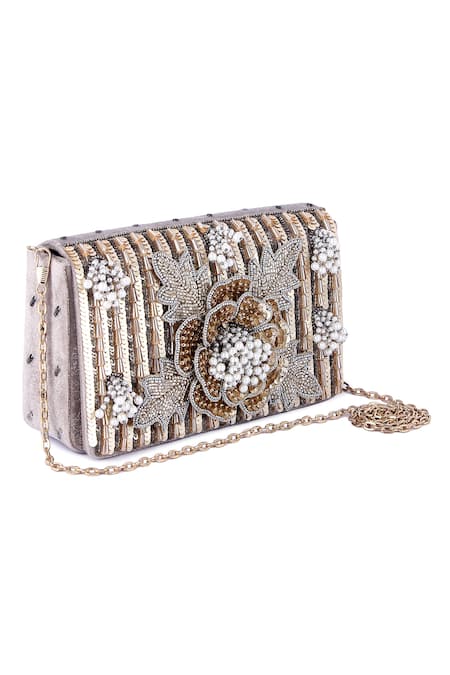 Shop_The Purple Sack_Grey Bead Floral Embroidered Clutch _Online_at_Aza_Fashions