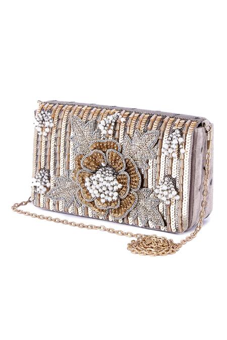 The Purple Sack_Grey Bead Floral Embroidered Clutch _at_Aza_Fashions