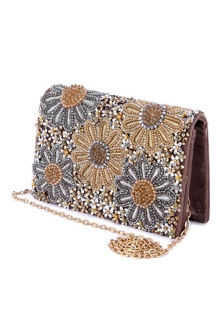 The Purple Sack_Multi Color Bead Flower Embroidered Clutch _at_Aza_Fashions