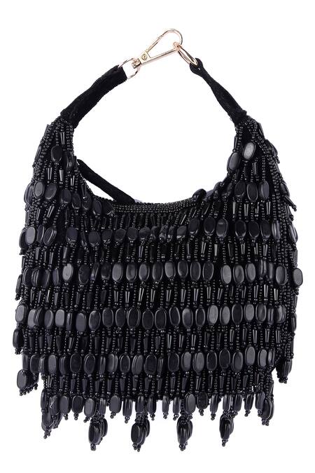 Shop_The Purple Sack_Black Bead Tassel Moon Shaped Clutch _at_Aza_Fashions