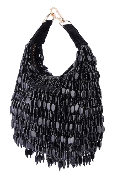 The Purple Sack_Black Bead Tassel Moon Shaped Clutch _Online_at_Aza_Fashions