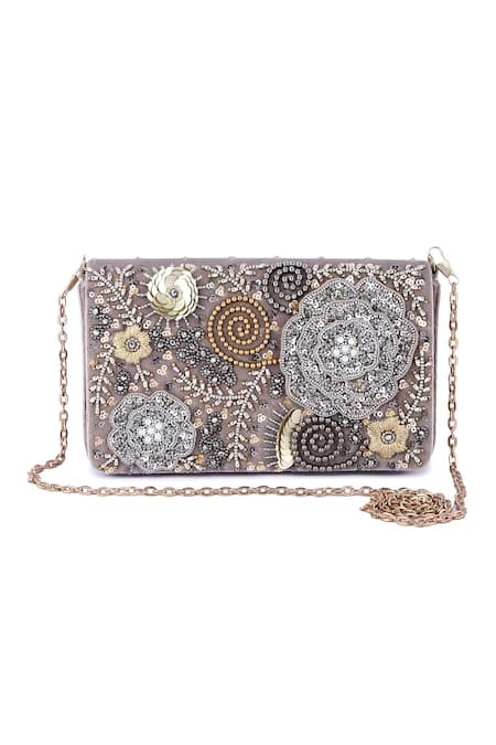 The Purple Sack Grey Bead And Sequin Work Clutch Bag 