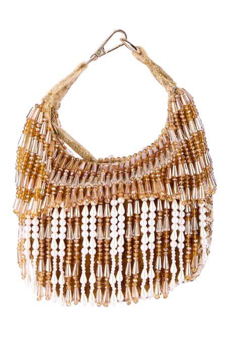 Shop The Purple Sack Peach Sequins, Beads Moon Shaped Embroidered Clutch at Aza Fashions Shop_The Purple Sack_Peach Sequins, Beads Moon Shaped Embroidered Clutch _at_Aza_Fashions