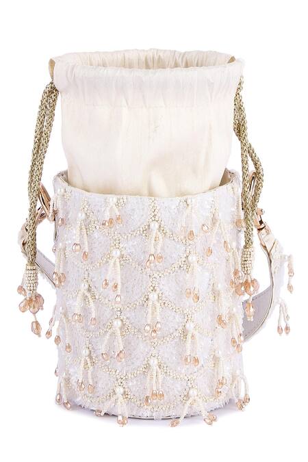 The Purple Sack_White Sequin Scallop Embroidered Potli _at_Aza_Fashions