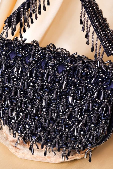 Shop The Purple Sack Black Crystals, Beads Hand Embroidered Clutch at Aza Fashions Shop_The Purple Sack_Black Crystals, Beads Hand Embroidered Clutch _at_Aza_Fashions