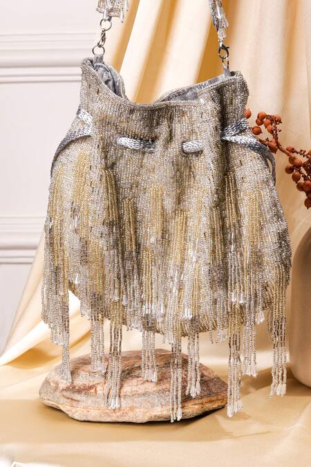 Shop The Purple Sack Silver Beads Tassel Embroidered Potli at Aza Fashions Shop_The Purple Sack_Silver Beads Tassel Embroidered Potli _at_Aza_Fashions