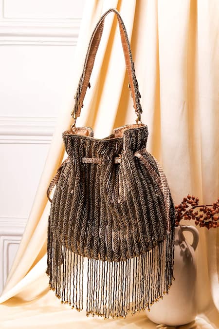 The Purple Sack Brown Cutdana Tassel Embroidered Potli Bag 