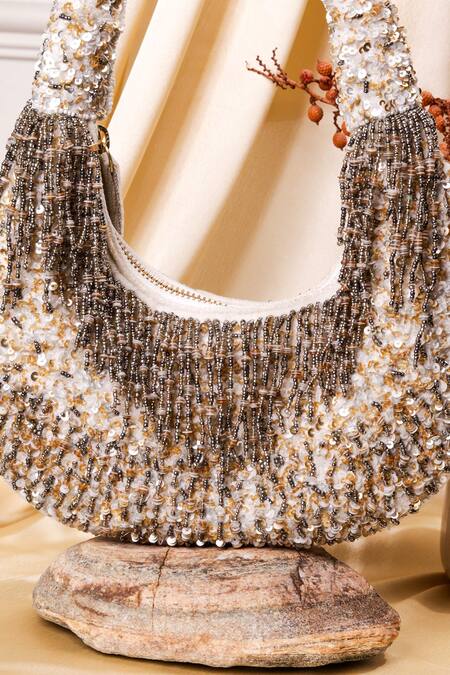 Shop The Purple Sack White Sequins, Beads Moon Shaped Hand Embroidered Clutch Bag at Aza Fashions Shop_The Purple Sack_White Sequins, Beads Moon Shaped Hand Embroidered Clutch Bag _at_Aza_Fashions