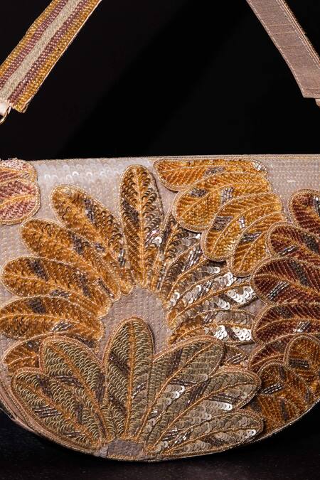 Shop_The Purple Sack_White Bead Leaf Hand Embroidered Clutch _at_Aza_Fashions