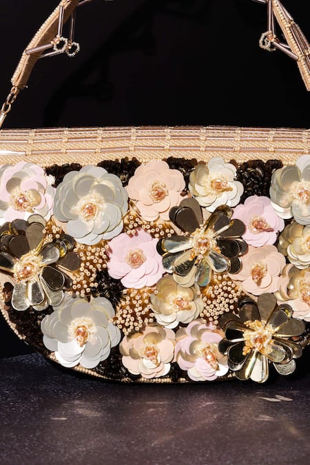 Shop The Purple Sack Multi Color Sequins, Beads Floral Applique Embroidered Clutch at Aza Fashions Shop_The Purple Sack_Multi Color Sequins, Beads Floral Applique Embroidered Clutch _at_Aza_Fashions