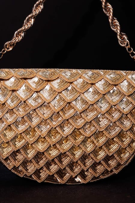 Shop The Purple Sack Gold Sequins, Beads Scallop Embroidered Clutch at Aza Fashions Shop_The Purple Sack_Gold Sequins, Beads Scallop Embroidered Clutch _at_Aza_Fashions