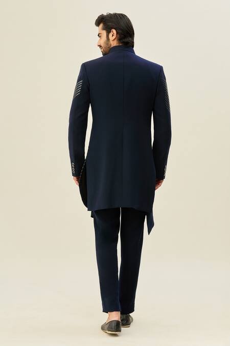 Shop Arihant Rai Sinha Blue Polyester, Taffeta, Silk Embroidery Full Sleeve Bandhgala And Pant Set at Aza Fashions Shop_Arihant Rai Sinha_Blue Polyester, Taffeta, Silk Embroidery Full Sleeve Bandhgala And Pant Set_at_Aza_Fashions