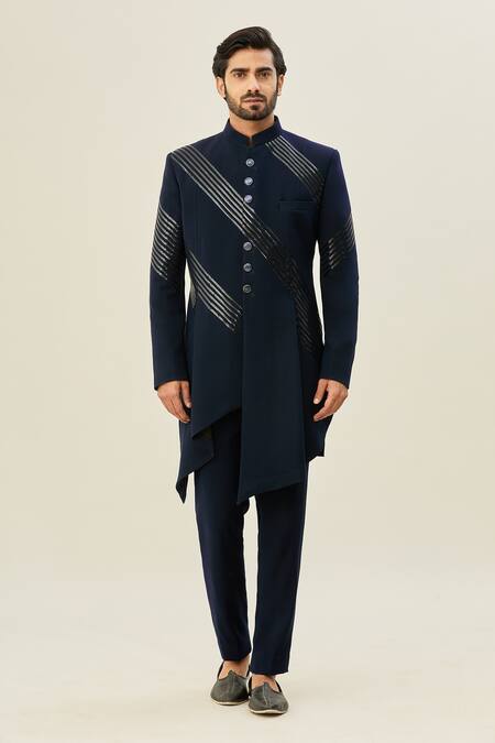 Arihant Rai Sinha Blue Polyester, Taffeta, Silk Embroidery Full Sleeve Bandhgala And Pant Set Online at Aza Fashions Arihant Rai Sinha_Blue Polyester, Taffeta, Silk Embroidery Full Sleeve Bandhgala And Pant Set_Online_at_Aza_Fashions