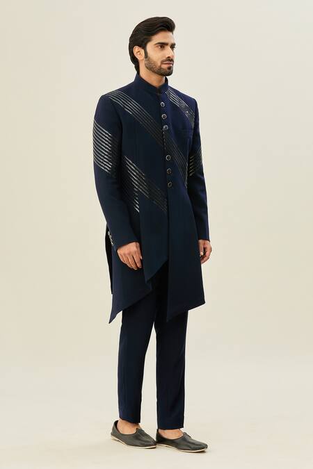 Shop Arihant Rai Sinha Blue Polyester, Taffeta, Silk Embroidery Full Sleeve Bandhgala And Pant Set Online at Aza Fashions Shop_Arihant Rai Sinha_Blue Polyester, Taffeta, Silk Embroidery Full Sleeve Bandhgala And Pant Set_Online_at_Aza_Fashions