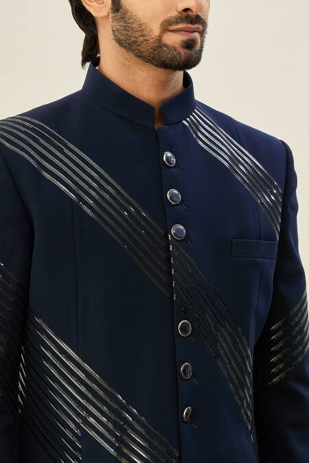 Arihant Rai Sinha Blue Polyester, Taffeta, Silk Embroidery Full Sleeve Bandhgala And Pant Set at Aza Fashions Arihant Rai Sinha_Blue Polyester, Taffeta, Silk Embroidery Full Sleeve Bandhgala And Pant Set_at_Aza_Fashions