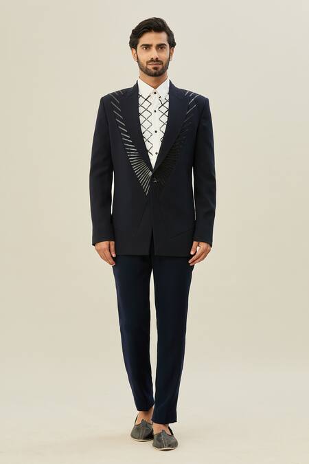 Shop_Arihant Rai Sinha_Black Polyester, Taffeta, Cotton Cut Work Cutdana Blazer And Pant Set_Online_at_Aza_Fashions