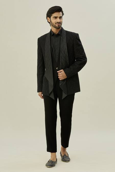 Buy_Arihant Rai Sinha_Black Polyester, Taffeta Cut Cutdana Embroidered Full Sleeve Blazer And Pant Set_Online_at_Aza_Fashions