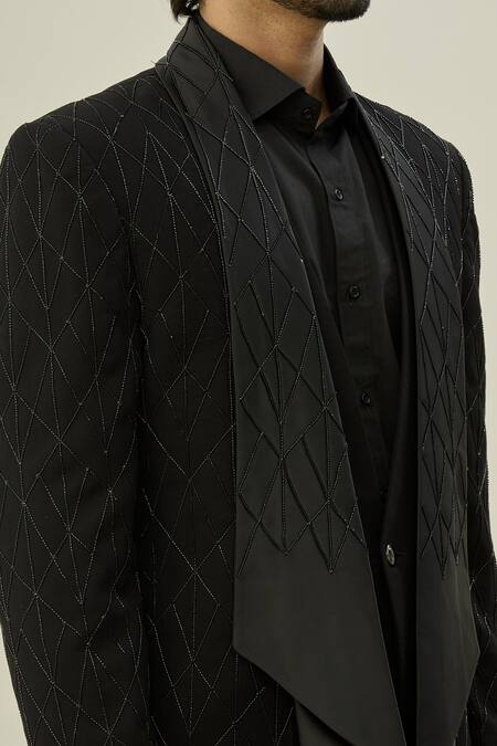 Shop_Arihant Rai Sinha_Black Polyester, Taffeta Cut Cutdana Embroidered Full Sleeve Blazer And Pant Set_Online_at_Aza_Fashions