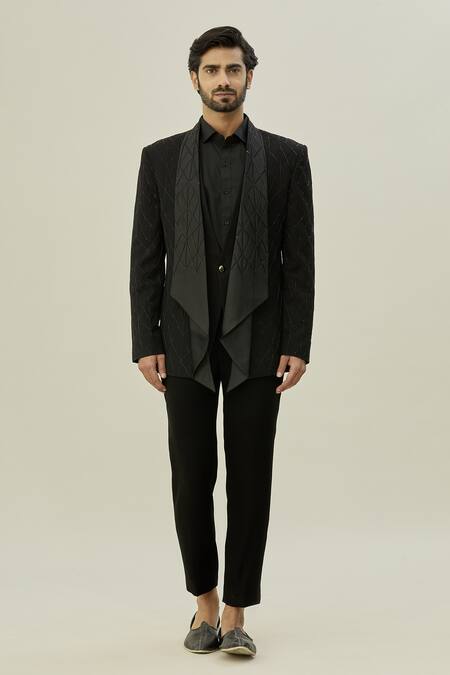 Arihant Rai Sinha_Black Polyester, Taffeta Cut Cutdana Embroidered Full Sleeve Blazer And Pant Set_at_Aza_Fashions