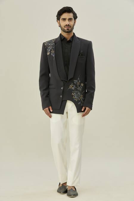 Arihant Rai Sinha Grey Polyester, Silk Cut Work Abstract Embroidered Blazer And Pant Set at Aza Fashions Arihant Rai Sinha_Grey Polyester, Silk Cut Work Abstract Embroidered Blazer And Pant Set_at_Aza_Fashions