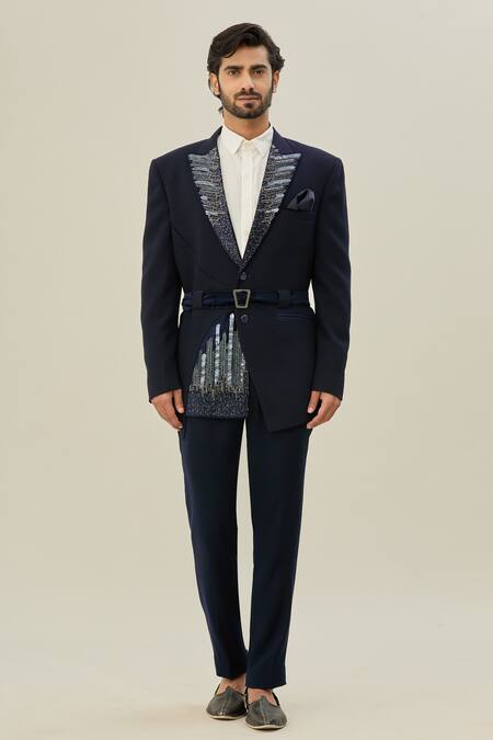 Arihant Rai Sinha_Blue Lycra, Taffeta Beads Abstract Work Blazer And Pant Set_Online_at_Aza_Fashions